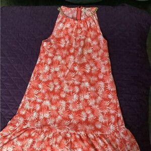 Michael Kors Coral Sleeveless Floral Dress with Gold Chain Detail